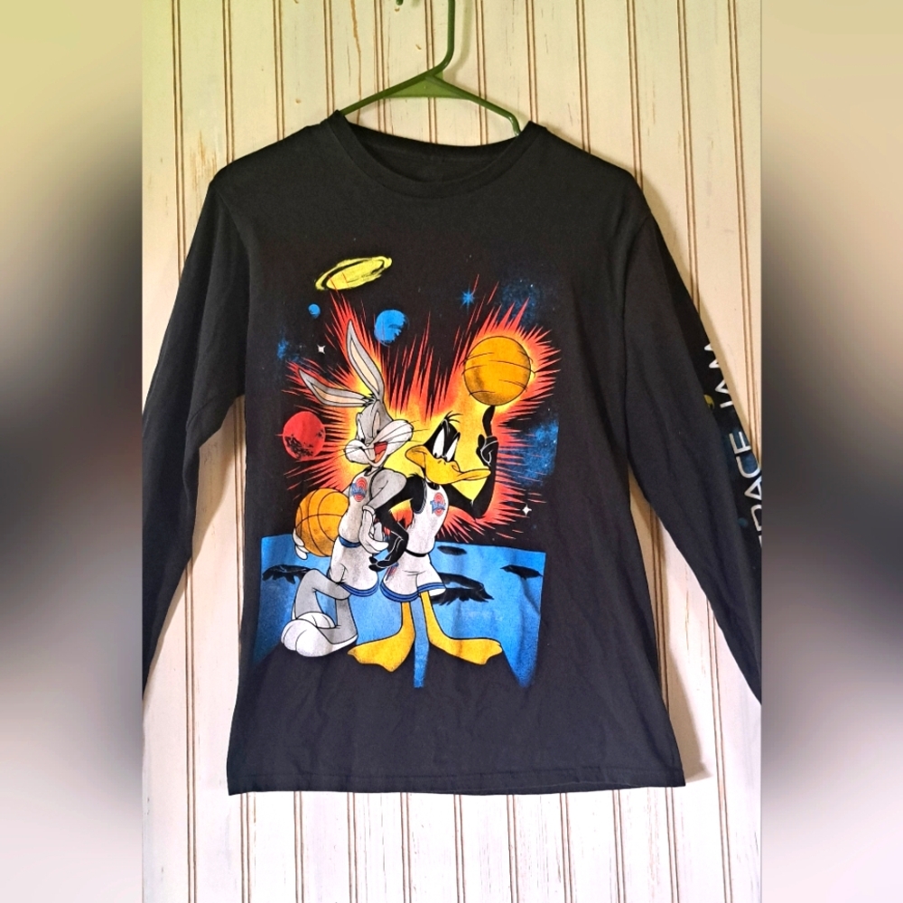 Vintage SPACE JAM Shirt Black Pull Over Long Sleeves Bugs Bunny Daffy Tee Small